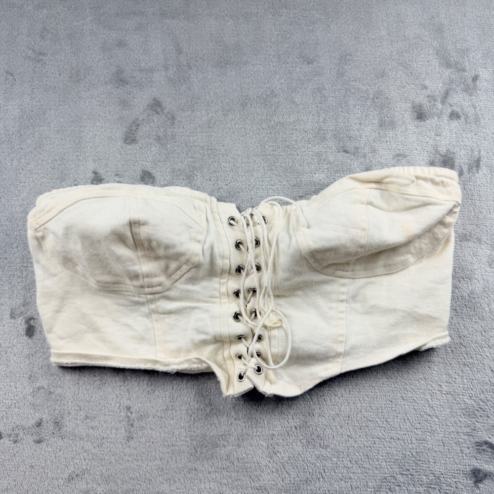 LA Hearts Women's Small Ivory Denim Lace Up Corset Tube Top